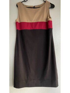 Tahari Sz 6 Brown Red Black Ponte Colorblock Sheath dress Career Cocktail Wow